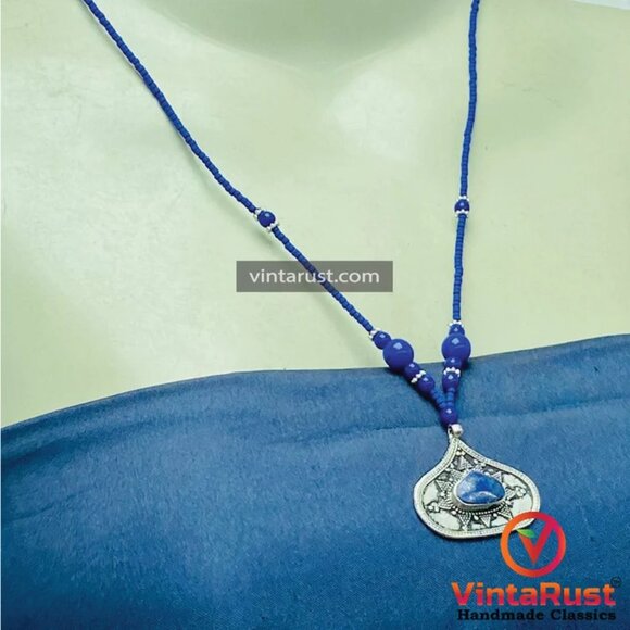 Handmade Minimalist Lapis Necklace, Beaded Chain Necklace, Handcrafted Gemstone - Picture 2 of 11